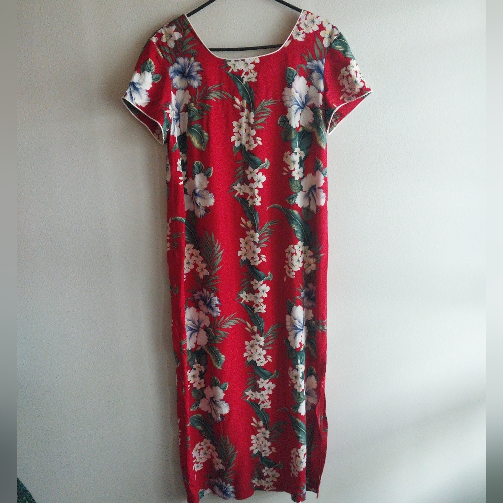 Iolani Made In Hawaii Vintage Red Tropical Floral Midi Dress